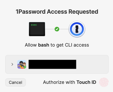 Allow bash to get CLI access 1Password access request