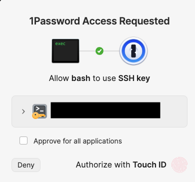 Allow bash to use SSH key 1Password access request